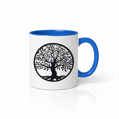 Levensboom Mok 330ml – Wit-Blauwe Koffiemok met Elegante Zwarte Boom – Spiritueel Cadeau voor Natuurliefhebbers