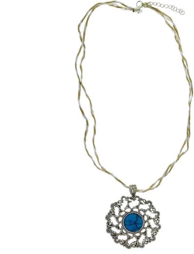 Behave - Ketting met beige koord en vintage hanger met blauwe steen - Modeaccessoire voor een verfijnde uitstraling - Lengte 44,5 cm (+verlengketting 4,5 cm)