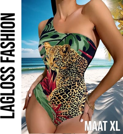 LaGloss® Badpak Luipaardprint – Asymmetrisch Eén-Schouder Zwempak – Trendy & Sexy – Maat XL
