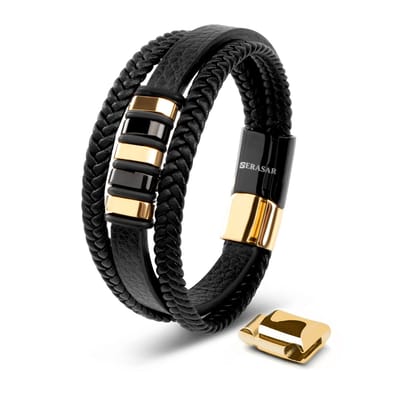 SERASAR Lederen Herenarmband [Glory] - Goud/Zwart 17cm - Premium Tienersieraden