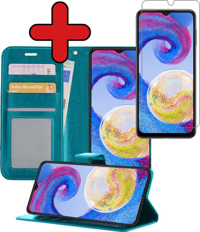 Hoesje - Met Screenprotector - Geschikt voor Samsung Galaxy A04s - Luxe Pasjeshouder - Flipcase - Bookcase Portemonee - Flip Case - Kunstleer Book Case - Book Cover - Walletcase - Portemonneehoes - Telefoonhoes - Turquoise