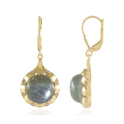 Cavill - Vergulde Zilveren Oorbellen - 15,3 ct Groene Minary Labradoriet & 16 I2 Champagne Diamanten - 37 mm Elegant