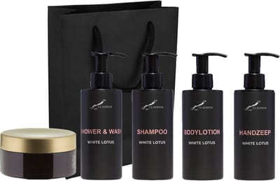 Compleet pakket White Lotus - Shower & Wash + Shampoo + Bodylotion + Handzeep + Scrubzout 300 gram - 300 ml per fles - complete set van 5 stuks - met luxe gift tas - cadeau - giftset voor hem en haar