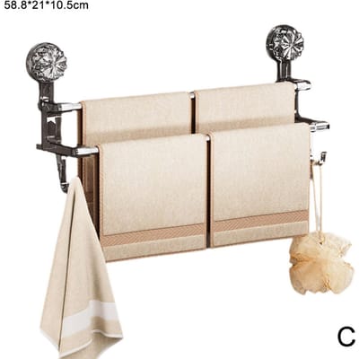 Porte-serviettes à double tige avec ventouse pour salle de bain, rangement de serviettes avec crochet pour serviettes humides et sèches, rangement de salle de bain à double usage