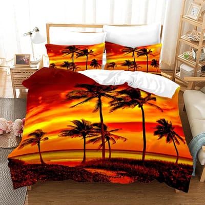 Strand Zonsondergang Dekbedovertrek Set Tropisch Eiland Met De Palmboom En Zee Strand Natuur Thema Queen Size Dekbedovertrek 135x200cm