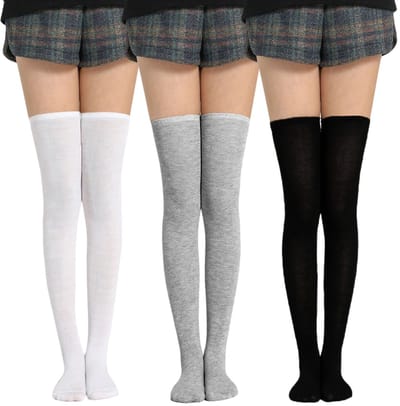Dailygoods- Overknee-kousen 3-pack - Hoge Sokken - Klassiek Zwart/Wit/Grijs - Lange Kousen voor Dames/Meisjes - Hoogwaardig Polyester - Casual Stijl