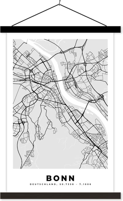 Posterhanger incl. Poster 40x60 cm - Schoolplaat - Duitsland - Stadskaart - Plattegrond - Bonn - Kaart - Textielposter - Zwarte latten - Stadskaart