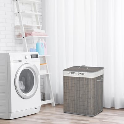 MEUNIQ wasmand 100L met 2 vakken, bamboe wassorteerder met deksel en handgrepen, uitneembare wasbare waszak, opvouwbaar, 52 x 32 x 63 cm, grijs