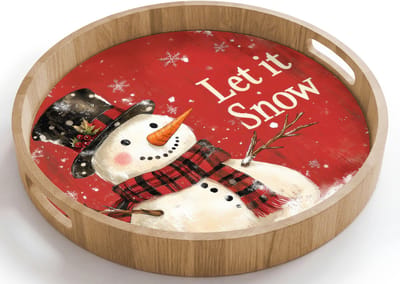 Dienblad rond 40x40 cm - Schootdienblad hout - Sneeuwpret - Winter - Sneeuwpop - Borrelplank rechthoek - Plateau houten dienbladen