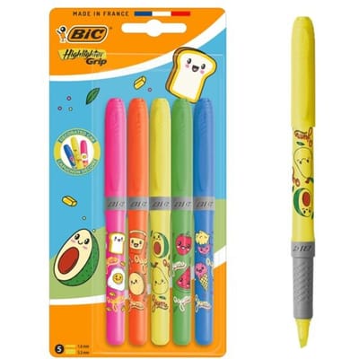BIC Highlighter Grip Kawaii Neon Fluostiften voor School - Markeerstiften - Beitelpunt - 48u Zonder Dop - 5 Stuks