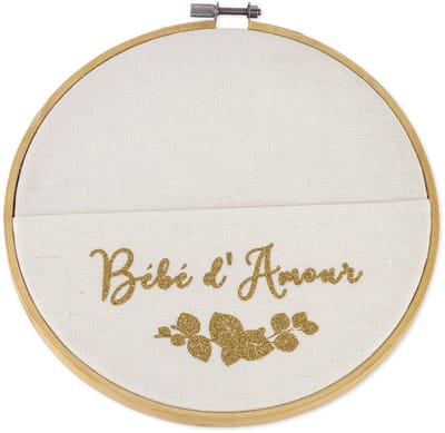 ARTYFETES - Houten en linnen zaklijst "Bébé d'amour" 19 cm goudkleurig glitter