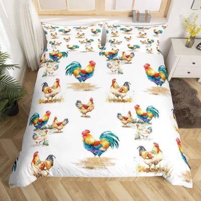 Housse de Couette Poulet Mignon King Queen Coloré Coq Ensemble de Literie Animal de Ferme Housse de Couette Drôle Rustique Ferme Housse de Couette AU Queen 210x210cm