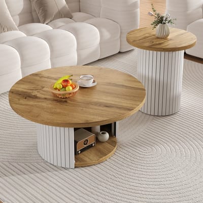 Sweiko Salontafel - Set van 2 - Ronde bijzettafel - φ75cm - Houtnerf - Natuurlijke + Wit