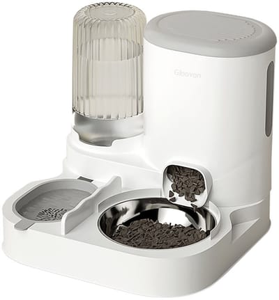 Gloovon® 2-in-1 Automatische Voer- en Waterdispenser - RVS Voerbak & Anti-Haar Filter - Zwaartekracht Voerstation - Kat & Hond - Wit/Grijs