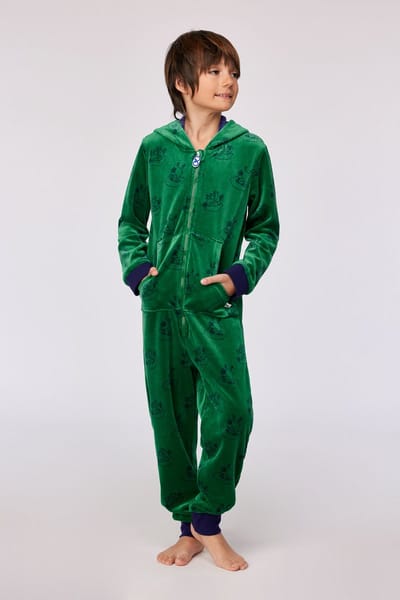 Woody onesie unisex velours - groen - duiven all-overprint - 252-10-ONE-V/917 - maat 116