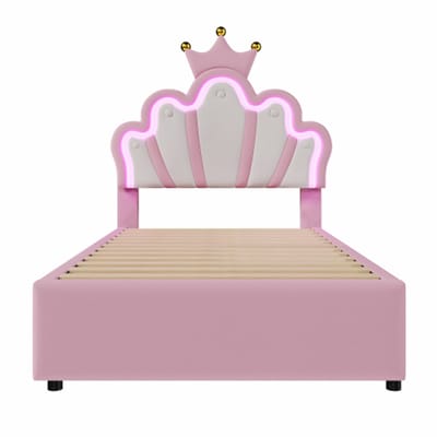 Gotagee Gestoffeerd bed, 90 x 200 cm, Zonder matras, Sfeerverlichting met afstandsbediening, Bed met 2 lades, Prinsessenbed in kroonvorm, Verstelbaar hoofdeinde, PU, Roze