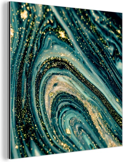 Wanddecoratie Metaal - Aluminium Schilderij Industrieel - Marmerlook - Luxe - Goud - Turquoise - Glitter - 50x50 cm - Dibond - Foto op aluminium - Industriële muurdecoratie - Voor de woonkamer/slaapkamer