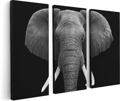 Artaza Canvas Schilderij Drieluik Olifantenkop - Olifant - Zwart Wit - 120x80 - Foto Op Canvas - Canvas Print