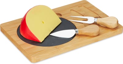 kaasplank met kaasmes set - bamboe - met leisteen en kaasbestek - 25 x 17 cm