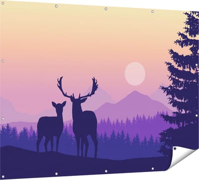 Gards Tuinposter Twee Herten - Zonsondergang - Silhouet - 160x120 cm - Tuindoek - Tuindecoratie - Wanddecoratie buiten - Tuinschilderij