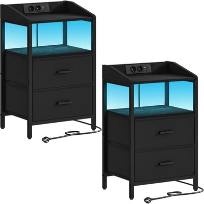 Nachtkastjes Set van 2 – Voor Slaapkamer – Bijzettafel met LED-Verlichting, Oplaadstation, 2 Stoffen Lades en Planken – Zwart