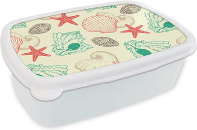Broodtrommel Wit - Lunchbox - Brooddoos - Schelpen - Zeester - Strand - Vintage - Patroon - 18x12x6 cm - Volwassenen
