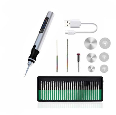 196 / 5,000 Elektrische graveerpen, graveergereedschap, mini DIY graveerpen, voor DIY kantoorbenodigdheden, school, sieraden, metaal, glas, steen, kunststof, hout met 30 roterende boortjes en 3 schijven (zilver)