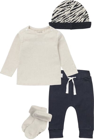 Noppies - Kledingset - Unisex - 4 delig - Broek Antraciet Grijs - Shirt Hester Oatmeal - Muts Balfour - 1 paar sokjes - Maat 68