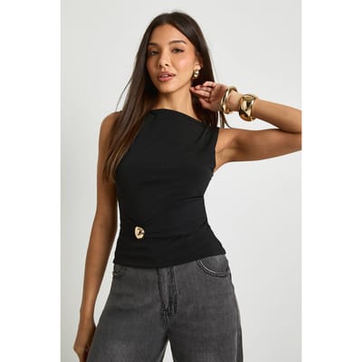 boohoo Dames Mouwloze top met slash-hals en ceintuur | Black | Maat: 14