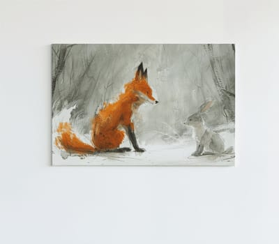Canvas Schilderij – Vos en Haas – Dierenkunst voor Kinderkamer – 60x40x2 cm