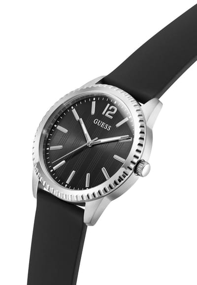 Guess Chip Quartz Analoog Horloge Zwart Kast Gemaakt Van 100% Roestvrij Staal En Een Armband Van 100% Siliconen 40 GW1063G1, GW1063G2