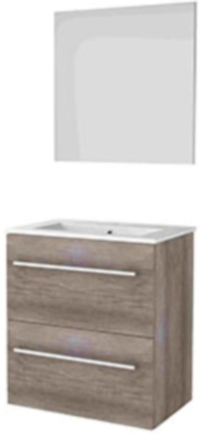 Basic-Line Basic 39 Badkamermeubelset - Ondiep - 60 x 39 cm - Met Grepen - 2 Lades - Keramische Wastafel - 1 Kraangat - Spiegel - Scotch Oak