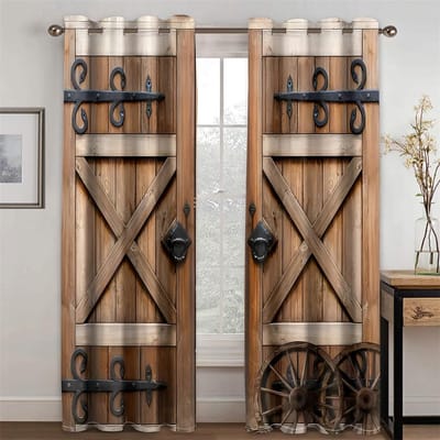 Rustieke Houten Zonwering Gordijnen Vintage Houten Staldeur Boerderij Huis Slaapkamer Woonkamer Decor Oogjes Raamgordijnen 2 Panelen 100W130H(CM)40x51in&Hook black
