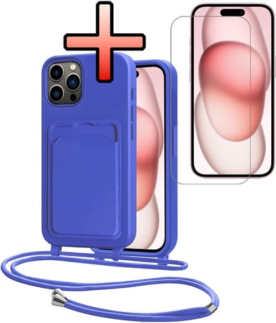 Hoes Geschikt voor iPhone 14 Pro Hoesje Pasjeshouder Cover Met Koord Case Siliconen Hoes Met Telefoonkoord en Kaarthouder Met Screenprotector - Felblauw