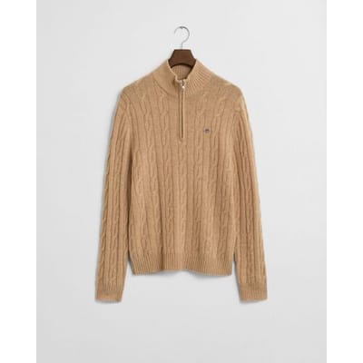 Gant Halfzip Lamswol Trui Cable Beige - Maat XL - Heren - Quarter zip