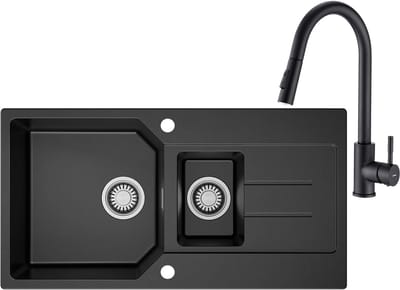 Anycee max Spoelbak voor keuken 86x45CM - Granieten Keuken Met Keukenkraan Met Uittrekbare Uitloop - 1.5 Spoelbakken Keuken - Gootsteen Met Waterafvoersysteem - Wasbak Keuken - Krasvast en Hittebestendig - Zwart