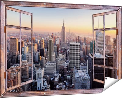 Gards Tuinposter Doorkijk New York Skyline met Wolkenkrabbers - 150x100 cm - Tuindoek - Tuindecoratie - Wanddecoratie buiten - Tuinschilderij