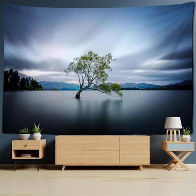 Eenzaam Landschap Boom Wandtapijt Wandhanger Bohemien Oud Stil Meer Hekserij Tafelmat Kamer Huis Decor 95x70CM white
