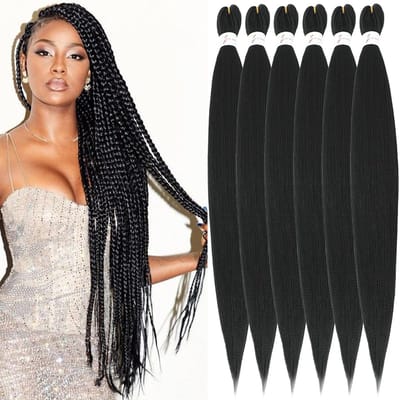 Omgoods - 30 inch Pre-Stretched Haar Extensions in 1B Zwart voor Box Braids - 6 Pakketten