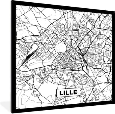 Fotolijst incl. Poster Zwart Wit- Lille - Stadskaart - Frankrijk - Kaart - Plattegrond - Zwart wit - 40x40 cm - Posterlijst