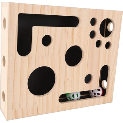 Boîte à jouets puzzle interactive pour chat en bois massif, boîte d'enrichissement griffoir pour entraînement de l'intelligence, pour chaton d'intérieur beige