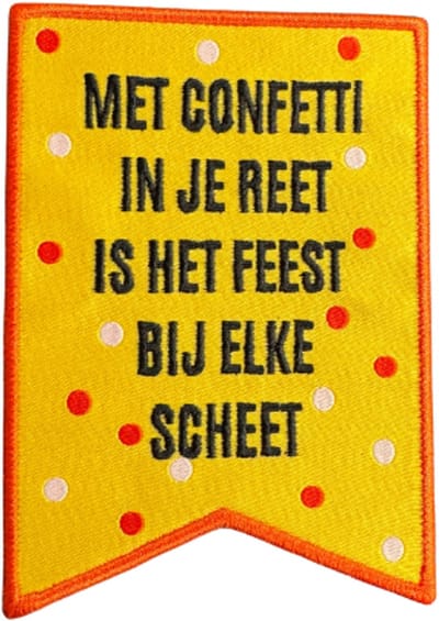 Strijkembleem “Met confetti in je reet is het feest bij elke scheet” – 6 x 8 cm