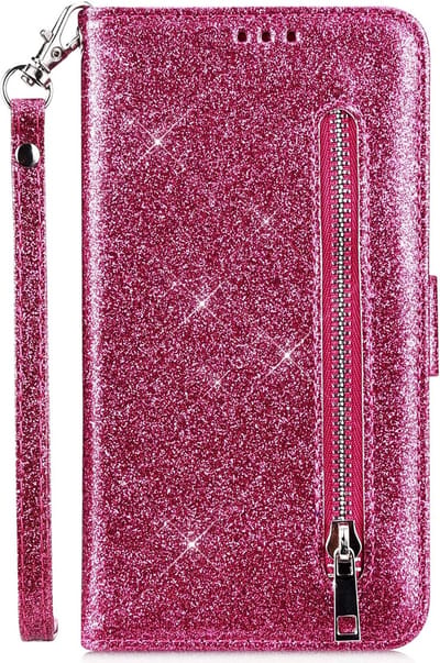 Portemonnee Hoesje - Wallet Case - Rits Sparkly Glitter - Telefoonhoes met Kord Geschikt voor: Samsung Galaxy S10E - Roze