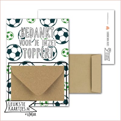 Geldkaart met mini Envelopje -> Bedankt - Voetbal - No: 03 (BEDANKT voor je inzet TOPPER! - Groen gestreept met voetbal elementen) - LeuksteKaartjes.nl by xMar