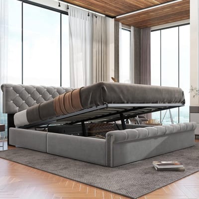Tweepersoonsbed met Opbergruimte - Gestoffeerd Bedframe - Slaapkamer Organisatie - In hoogte verstelbaar hoofdeinde - 180 x 200 cm - Grijs