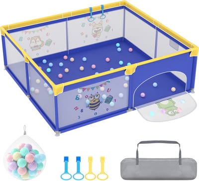 Froadp babybox 180 x 200 cm, antislipbox met draagbare speeltent, veiligheidsbarrière en beschermingsrooster voor peuters, blauw met dierenmotieven