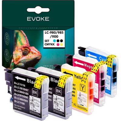 Evoke Compatibele Inkt voor Brother Lc-980 Lc980 Lc-985 Lc985 Lc-1100 Lc1100 XL Lc980Bk Lc985Bk Lc1100Bk 5X:2X Zwart+Cyaan+Magenta+Geel 84 ml 1680 Pagina's Dcp-J125 J140W J315W J515W, Mfc-J410 J415W