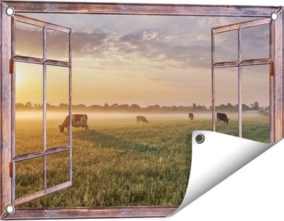 Gards Tuinposter Doorkijk Koeien in de Wei tijdens Zonsopkomst - 60x40 cm - Tuindoek - Tuindecoratie - Wanddecoratie buiten - Tuinschilderij