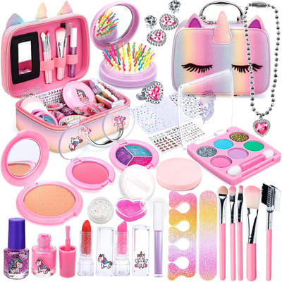 Kinderschminkset voor meisjes, 31 stuks, afwasbaar, echte cosmetica-set met make-upkoffer, meisjes, speelgoed, rollenspel, cadeau voor meisjes, kleine kinderen