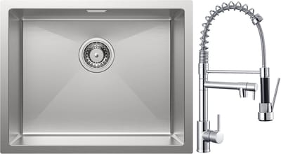 Auralum Max Spoelbak voor keuken 55x44cm - Spoelbak Keuken Met keukenkraan met uittrekbare uitloop - Spoelbakken met sifon en overloopset - Enkele spoelbakken RVS